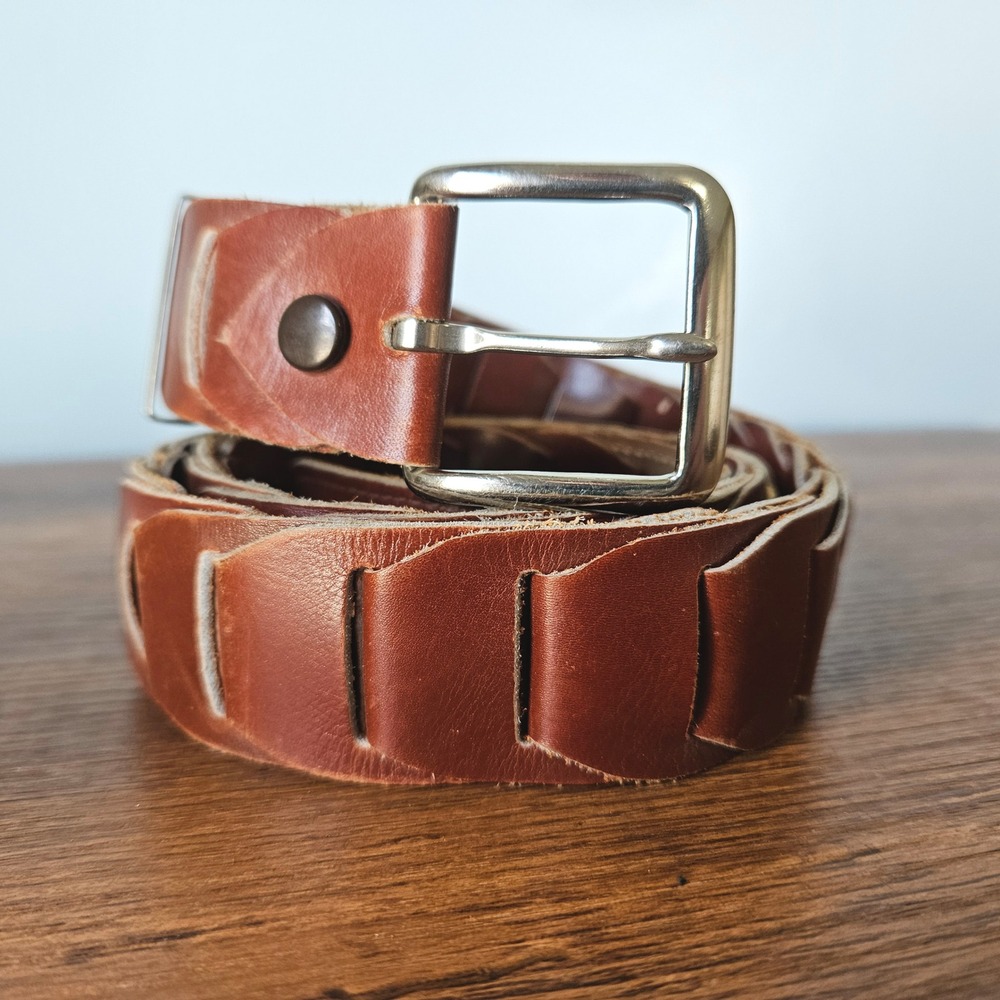 Vintage 70s 80s Brown Woven Leather Belt Silver Buckle Rau Fastener Snap Size 34
